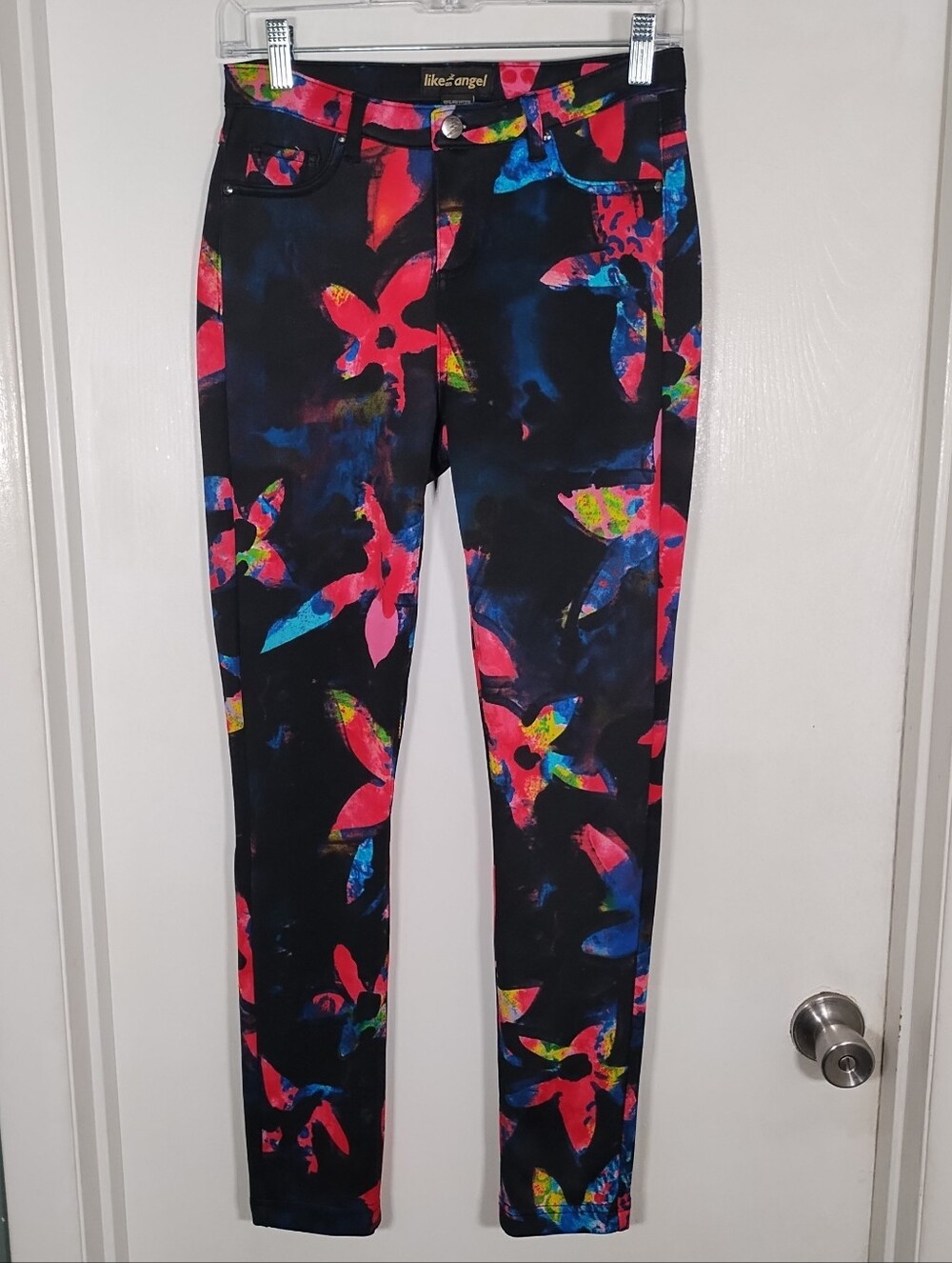 Like an Angel Pants Womens M Black Pink Floral Abstract Stretch Casual Hippie